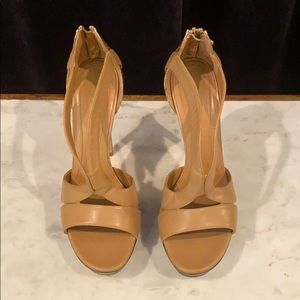 Alexander McQueen tan + gold platform high heels